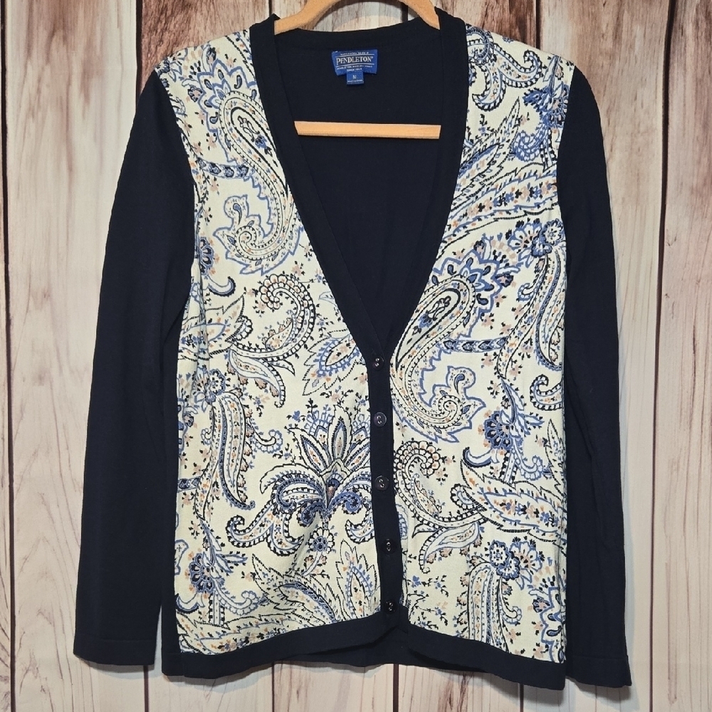 Pendleton Navy And Cream Paisley Cardigan Womens Medium